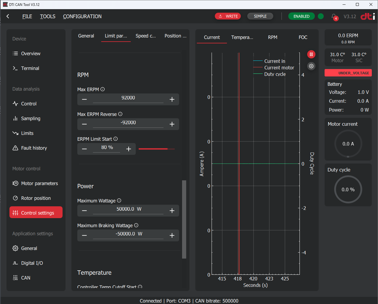 DTI CAN tool: Control settings (Limit parameters 3)